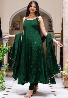 Faux Crepe Anarkali Kameez in Dark Green. This Readymade Sleeveless attire with Shantoon Lining is Enhanced with Resham and Sequins Work, Along with Gota Lace Work on Dupatta .Crafted in Round Neck. Available with a Shantoon Churidar in Dark Green and a Faux Crepe in Dark GreenThe Kameez and Bottom Lengths are 50 and 45 inches respectively. We sell all kinds of salwar kameez sets for women Georgette Salwar Kameez | Crepe Salwar Kameez | Art Silk Salwar Kameez | Velvet Salwar Kameez | Chiffon Sal Crepe Dress Indian, Anarkali Suits For Plus Size Women, Off Shoulder Anarkali Suits, A Line Salwar Suits, Black Indian Dress Anarkali, Sleeveless Suits For Women Indian, Anarkali Dress Sleeveless, Dark Green Anarkali Dress, Embroidered Art Silk Maxi Length Dupatta