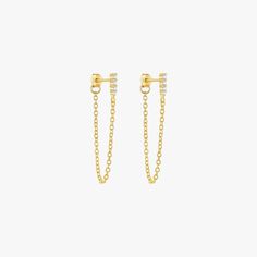 Delicate gold chain earrings adorned with pavé crystals, adding subtle sparkle to your ear stack. Long Tassel Earrings, M F, Chain Design, Delicate Chain, Halloween Earrings, Earring Sale, Single Earring, Long Chain, Tassel Earrings