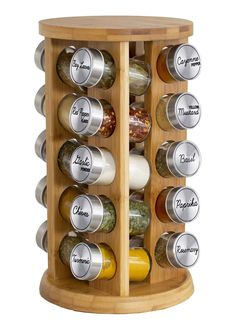 a wooden spice rack filled with lots of spices