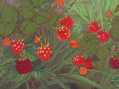 a painting of raspberries growing on a bush with green leaves and red berries