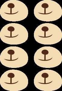 four different shapes of the same animal's nose and mouth, with brown circles around them