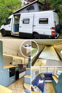 the inside of a camper van is shown in four different pictures, including an open kitchen and living area