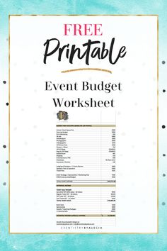 the free printable event budget worksheet is displayed in front of a blue background