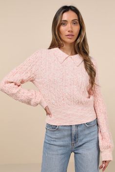 Light Pink Sweater, White Cable Knit Sweater, Neutral Sweaters, Light Pink Sweaters, Cable Knit Sweater, Cup Size, Balloon Sleeves, Coral Pink, Pink Sweater