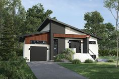 this is a computer rendering of a modern house in the woods with two garages