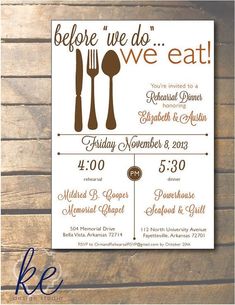 a wedding reception card with forks, spoons and knife on the side that says before we do eat