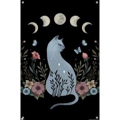 a white cat sitting on top of a black ground with flowers and butterflies around it