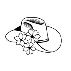 a black and white drawing of a cowboy hat with flowers on the brimmed