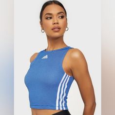 Brand New, Bought Two Sizes. So Cute For Working Out And/Or Athleisure Look With Sweats And Sneakers. Adidas Three Stripes Tops For Gym, Blue Ribbed Sporty Tops, Blue Ribbed Athleisure Tops, Adidas Blue Tops With Three Stripes, Adidas Blue Three Stripes Top, Trendy Blue Sports Crop Top, Blue Adidas Tops With Three Stripes, Blue Ribbed Sporty Crop Top, Blue Ribbed Workout Top