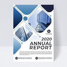 a blue and white annual report cover with skyscrapers in the background, on top of a