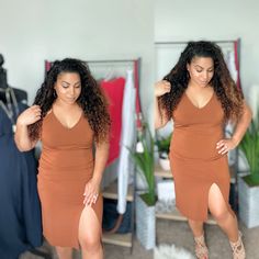 Summer Mid-length Bodycon Dress For Night Out, Beige Stretch Midi-length Dress, Brown Knee-length Midi Dress For Parties, Fitted Brown Midi Dress For Party, Mid-length Stretch Dress For Date Night, Stretch Mid-length Dresses For Date Night, Brown Knee-length Party Dress, Brown V-neck Midi Dress For Parties, Brown V-neck Mini Dress For Date Night