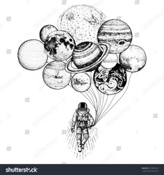 an astronaut floating in the sky with planets and stars around him, as if he is holding