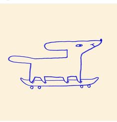 a drawing of a dog on a skateboard with the letter p in it's mouth