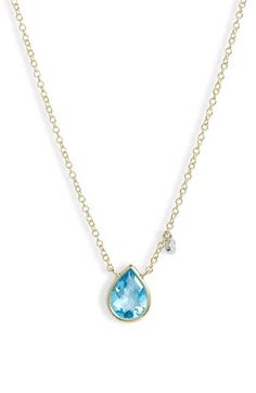 A single diamond bezel swings along the side of a pear-shaped blue topaz pendant on this delicate necklace made from 14-karat gold. Total diamond weight: 0.02ct. Color: G–H Clarity: SI1–I1 14k gold/blue topaz/diamond Imported >Diamond Guide Yellow Gold Teardrop Blue Topaz Necklace, Blue Topaz Necklace, Blue Topaz Pendant, Topaz Pendant, Diamond Guide, Pear Diamond, Bezel Diamond, Diamond Pendant Necklace, Delicate Necklace