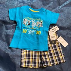 Nwt Cute Boys Polo 3-6 Months 2 Piece T-Shirt With Matching Plaid Shorts. Yellow Short Sleeve Playwear Set, Yellow Short Sleeve Sets For Playwear, Yellow Cotton Playtime Sets, Blue Cotton Playtime Sets, Polo Sweatsuit, Quilted Sweater, Polo Outfit, Boys Romper, One Piece Outfit