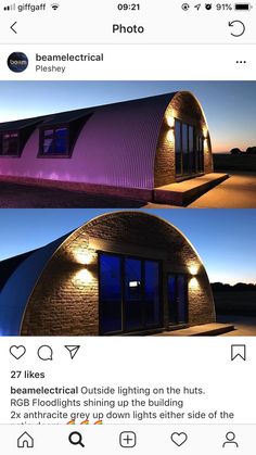 two photos of the same building with different lighting effects on them and one showing that it is