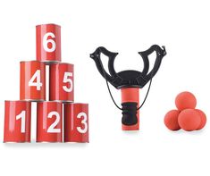 an assortment of red and black objects on a white background with the number four in front of them