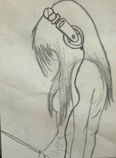 a pencil drawing of a girl with scissors in her hair, looking down at the ground