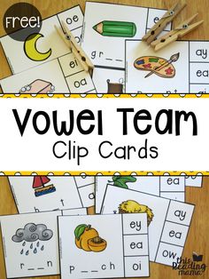 the word voie team clip cards are shown on a table with scissors and pencils