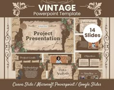 the vintage powerpoint presentation slideshow is displayed in this graphic design templates pack