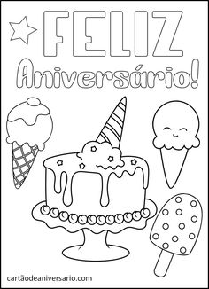 a coloring page with ice cream, cake and an ice cream cone in spanish language