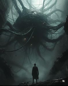 a man standing in the middle of a forest filled with giant monster like creatures and surrounded by fog