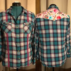 Upcycled Eddie Bauer Flannel. Women's size Large. Fitted Flannel Casual Shirt, Fitted Flannel Shirt Casual Style, Fitted Casual Flannel Shirt, Pink Plaid Shirt, Vintage Flannel Shirt, Eco Clothing, Hippie Shirt, Womens Blouses, Chic Shirts