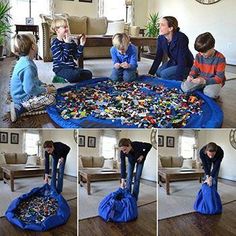 a collage of photos showing children playing in a play mat with legos on it