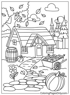 a coloring page with an image of a house and pumpkins in the fall season