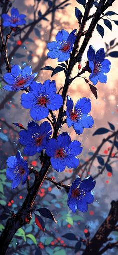 blue flowers are blooming on a tree branch