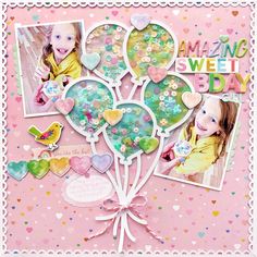 a pink card with hearts, flowers and pictures on it that says amazing sweet day