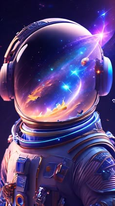 an astronaut in outer space looking at the stars and planets on his back, with headphones to his ear