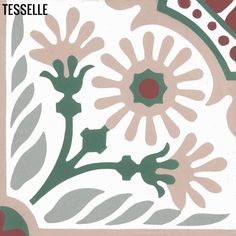 an artistic tile design with flowers and leaves on the bottom half of it, which is in shades of pink, green and red