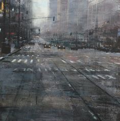 an oil painting of a city street with traffic lights and buildings in the background on a rainy day