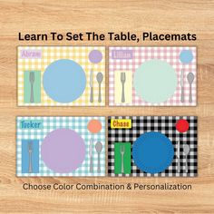 three placemats with the words learn to set the table, placemats