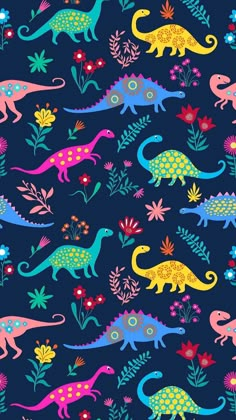 colorful dinosaurs and flowers on a dark blue background