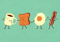 three breakfast characters holding hands with coffee and bacon on the other hand, against a blue background