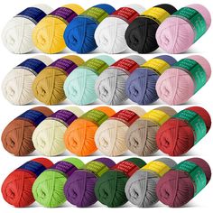 many colors of yarn are arranged on a white background and each has a different color