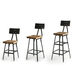 three stools with wooden seat and metal frame, one in the shape of a chair