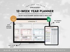 the 12 - week year planner is shown on two monitors and an ipad with text that reads