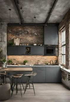 an industrial style kitchen with brick walls and dark gray cabinetry, counter tops, stools, and wooden dining table