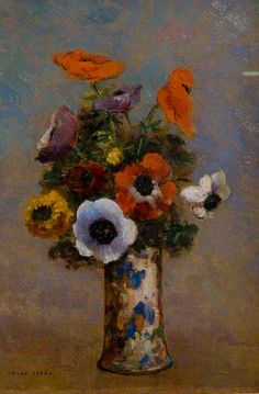 an oil painting of flowers in a vase