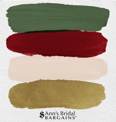 four different shades of green, red, and gold paint on white paper with the words ann's bridal bargains