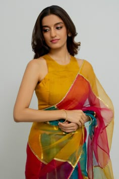 Buy Multi Color Silk Organza Embroidered Gota Halter Mutiyar Saree With Blouse For Women by Peeli Dori Online at Aza Fashions. Rainbow Saree, Srilankan Bride, Isha Borah, Multicolor Saree, Traditional Blouse Designs, Gotta Work, Modern Saree, Fancy Sarees Party Wear