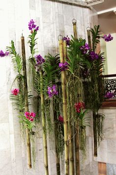 purple flowers and greenery are hanging on the wall