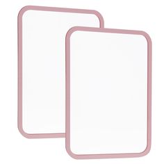 two pink square mirrors sitting next to each other on a white surface with no one in it