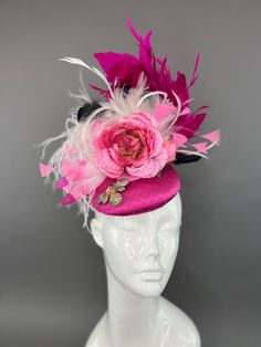 Fuchsia pink fascinator with pink roses and feathers. Attached is the jeweled bee, my signature mark. attaches with elastic, millinery headband. This piece is one size fits all. please note all sales are final. Summer Pink Fascinator With Feathers, Pink Summer Fascinator With Feathers, Millinery Headband, Pink Feathered Fascinator With Curved Brim, Luxury Pink Spring Fascinator, Whimsical Pink Fascinator Hat, Pink Fascinator, My Signature, Fuchsia Pink