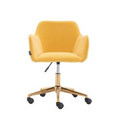 a yellow office chair with wheels and casteors