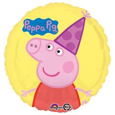 the peppa pig balloon is wearing a birthday hat