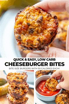 the recipe for cheeseburger bites is shown in three different pictures, including one being held